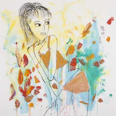 Abstract artwork of a girl sitting in a bed of flowers